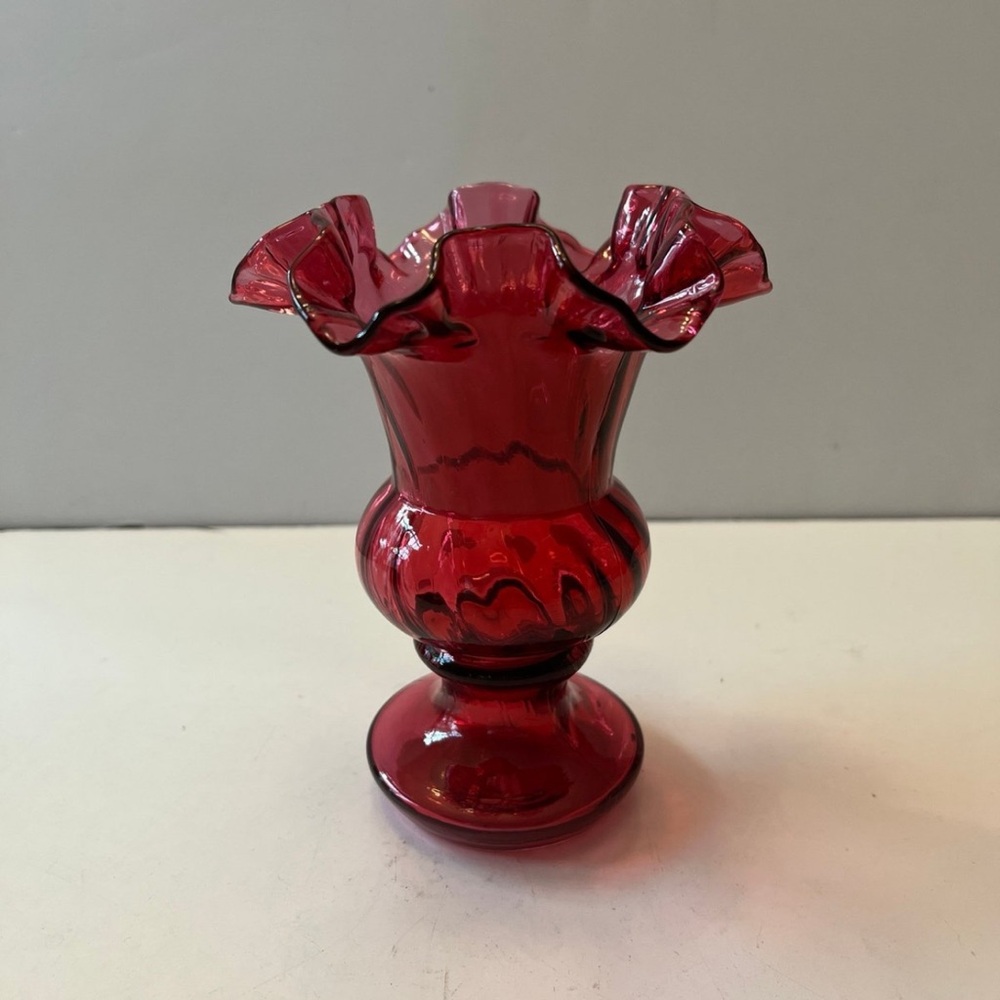 Vintage Fenton Cranberry Pink Ruffled Footed Vase